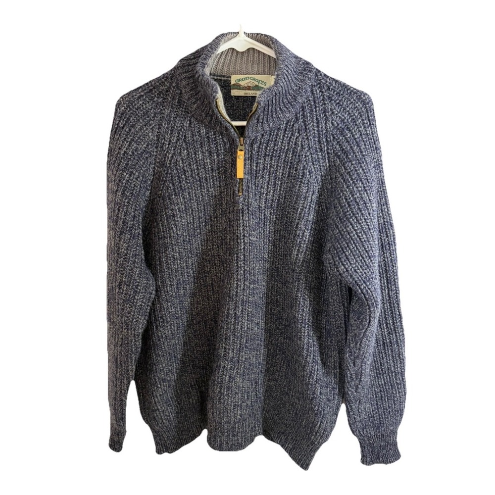Aran Crafts Sweater Ireland Blue Merino Wool Men M 1/4 Zip Heritage Fisherman